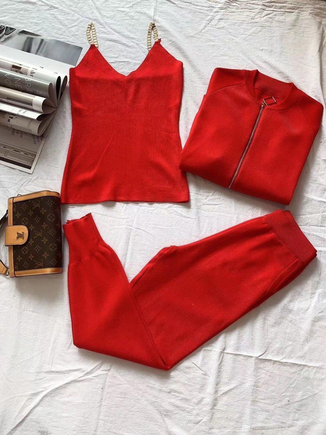 Amolapha Women Autumn Winter Knitted Vest Zipper Cardigans Pants 3pcs Sets Tracksuits Outfits: Red