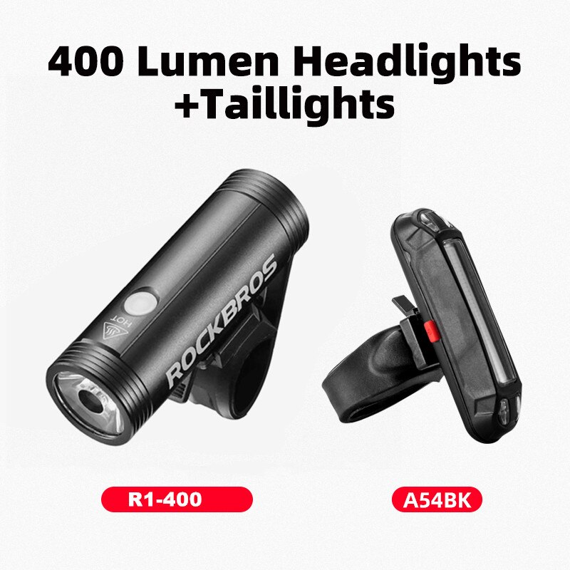 ROCKBROS-Luz LED delantera y trasera para bicicleta, faro trasero para ciclismo de montaña, con USB, 400/800/1000LM: R1-400 A54BK