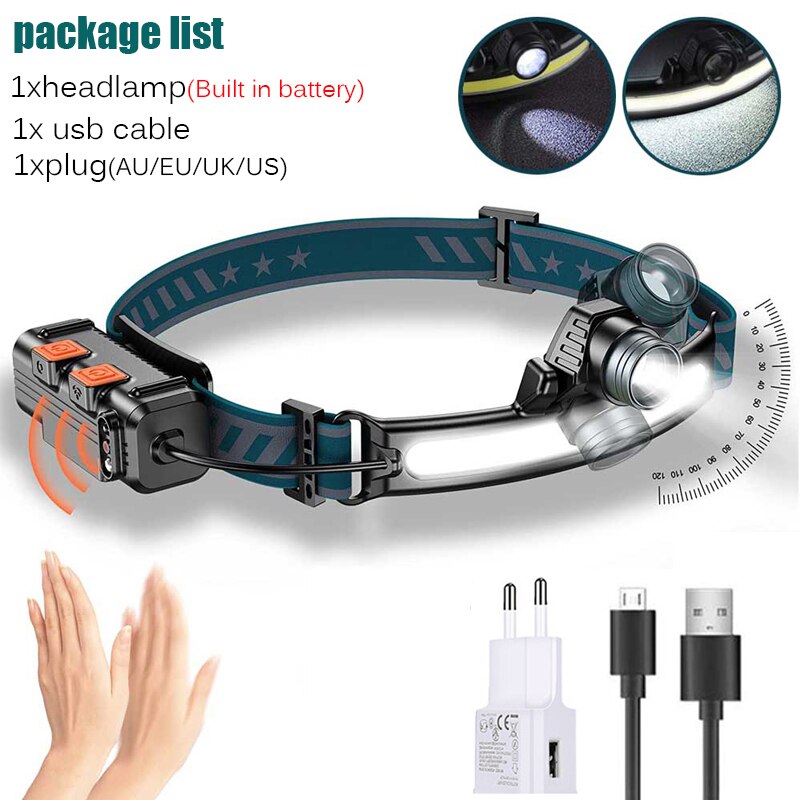 zoom+ Sensor Led XPG + COB Scheinwerfer 2000mAh 18650 USB Kopf Lampe Tragbare Flutlicht Taschenlampe Wasserdichte Laterne: Type-A  package B
