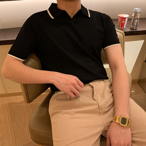 Estate uomo 2022 nuova manica corta moda coreana Slim Fit Casual camicia tinta unita uomo affari abiti formali polo camicie L66: Black / XXXL