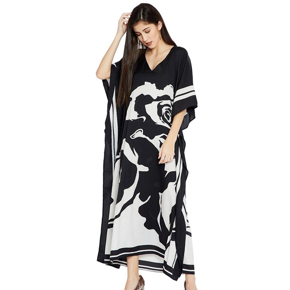 Zwarte Bloemen Print Beach Cover Up Sneldrogende Bohemian Print V-hals Zomer Jurk Strand Tuniek Vrouwen Beachwear Kaftan
