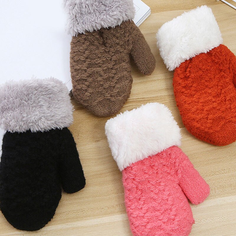 Kind Warme Handschoenen Winter Outdoor Effen Kleur Volledige Vinger Handschoenen Kids Pluche Dikker Wanten Unisex Meisjes Jongens Gebreide Handschoenen