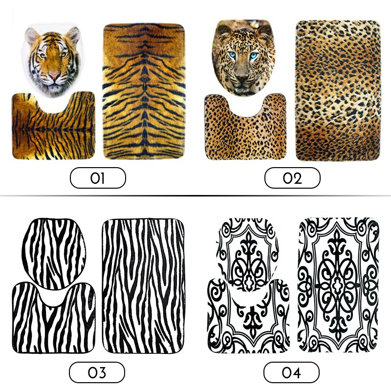 3 pcs Set Tiger Skin Leopard Print Bathroom Mat Set Toilet Cover Flannel Soft Seat Lid Cover Pedestal Rug Carpet