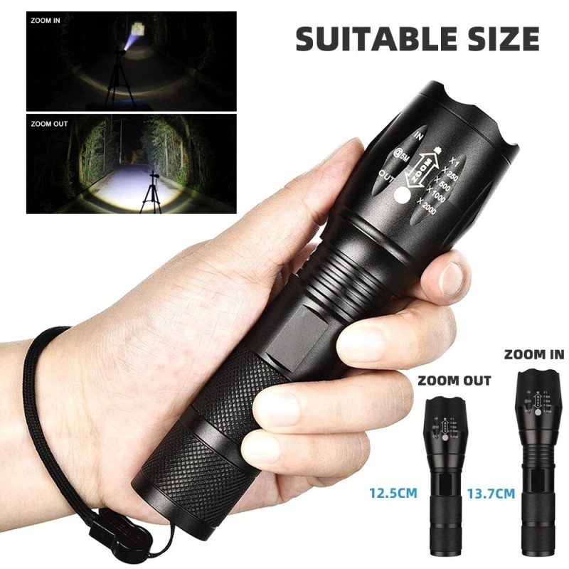 8000lm led oppladbar lommelykt xmlt 6 linser lommelykt bruker 18650 batterier 5 moduser vanntett camping kraftig led-lommelykt