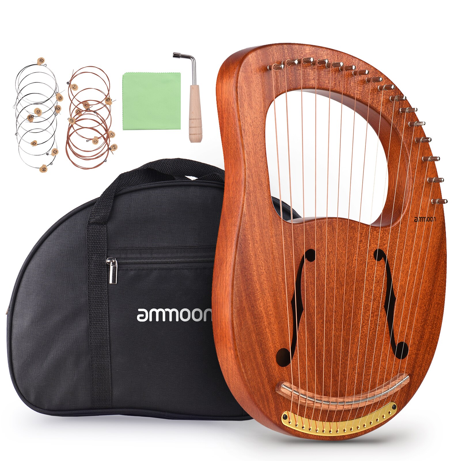 ammoon 16-String Wooden Lyre Harp Metal Strings Wood String Instrument with Carry Bag Tuning Wrench Cleaning Spare Strings Cloth