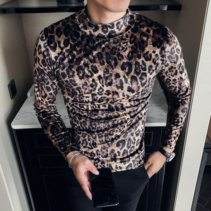 Leopard t-shirt vinter herr & #39 #39 herr toppar smal höghalsad t-shirt långärmad herr t-shirt camiseta