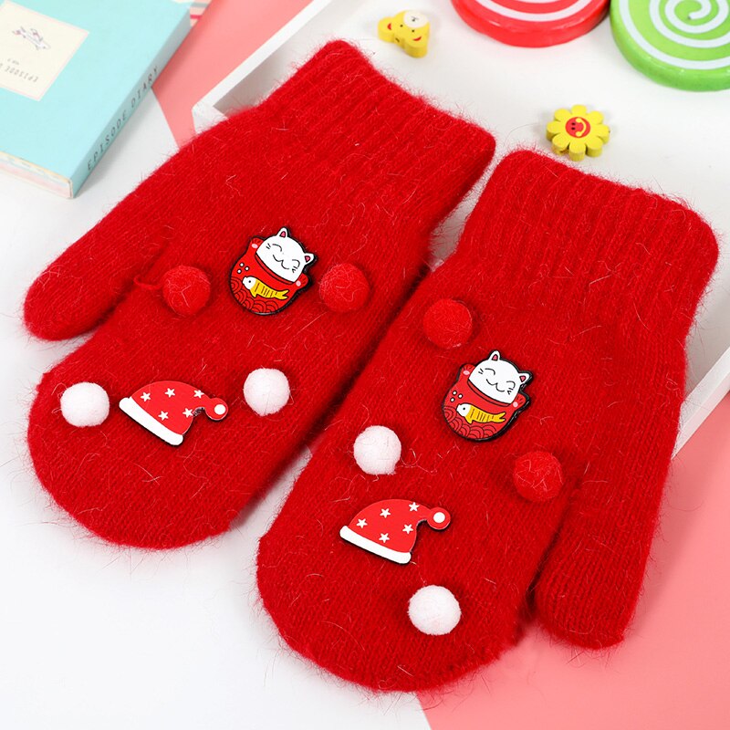 Children's Gloves Kids Boys Girls Winter Warm Cute Baby Knit Soft Gloves Kids Cartoon Candy Color Star Mitten Size 6-12Y: Red