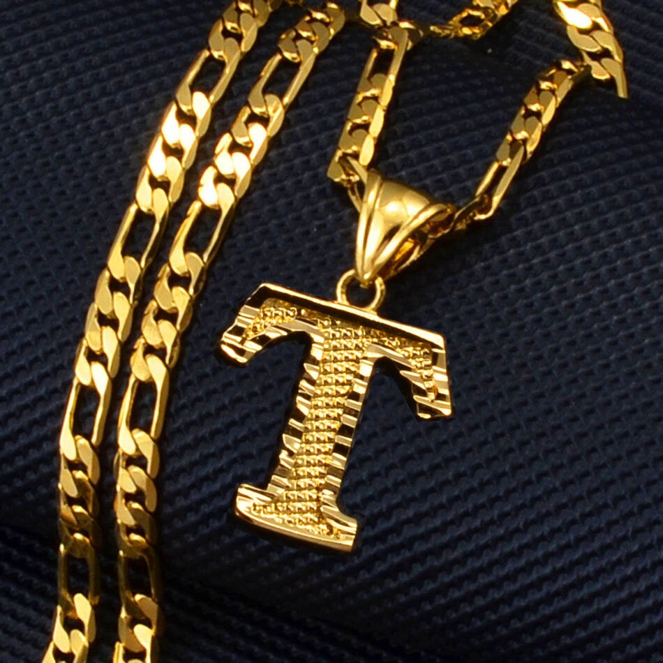 Anniyo A-Z Letters Pendant Necklaces for Women Men Girls English Initial Alphabet Figaro Chains Gold Color Jewelry #058002S: 45cm / BRASS PLATED