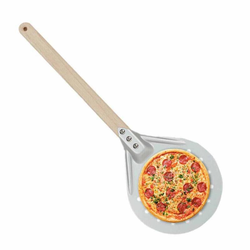 Perforated Pizza Turning Peel Pizza Shovel Aluminum Pizza Peel Paddle Short Pizza Tool Non Slip Wooden Handle Pizza Shovel