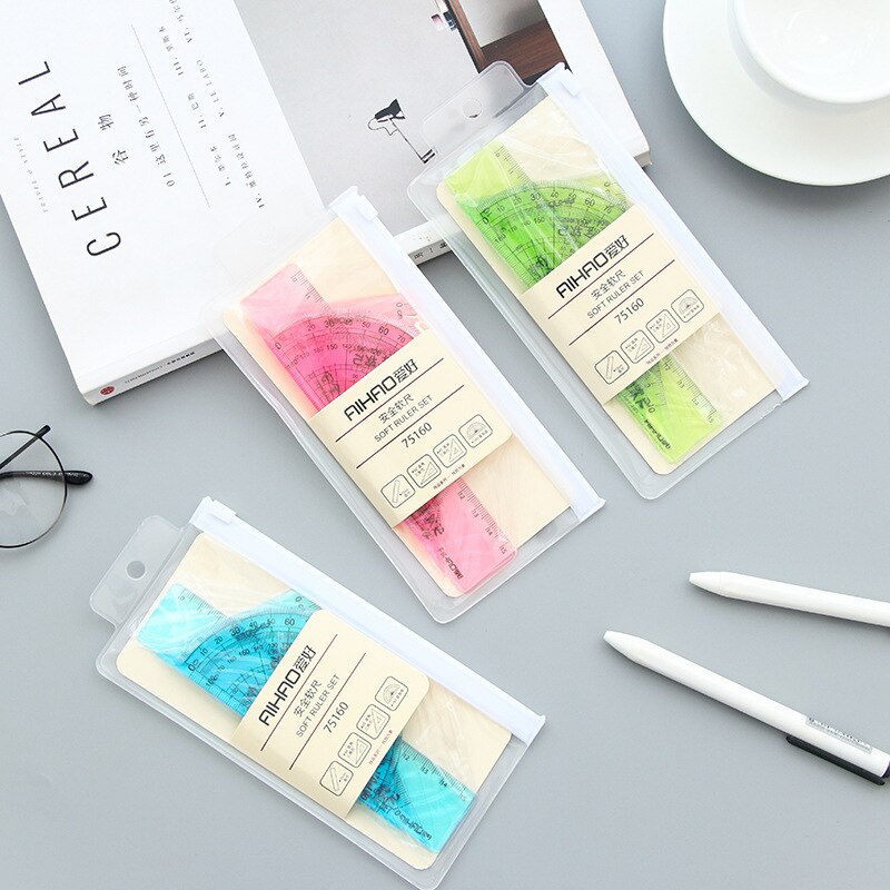 Soft Flexible Geometry Ruler Set Maths Drawing Compass Stationery Rulers Protractor Mathematical Compasses for School