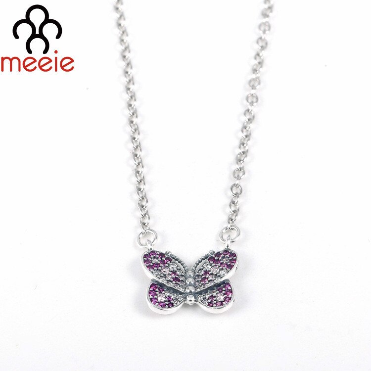 Authentische 925 Sterling Silber Original Funkelnden Rosa Schmetterling Halsketten Schmuck Für frauen Hochzeit DIY Schmuck