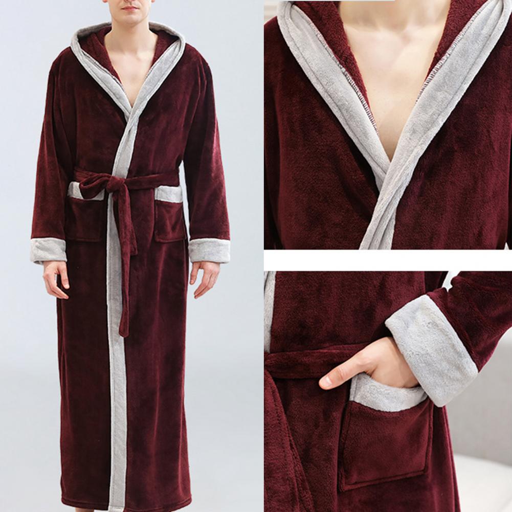 Men Sleepwear Autumn Winter Flannel Long Sleeve Maxi Bathrobe Pockets Hooded Nightgrown Mens Warm Thick Casual Robe Plus Size