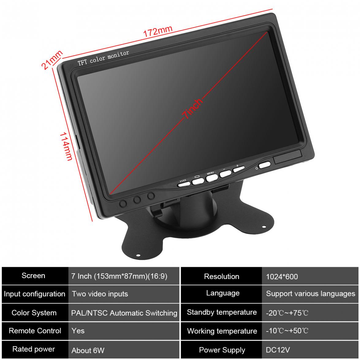 7 Inch 1024x600 12V HD TFT LCD Car VGA Home Monitor Bright Color VGA Interface AV Auto Video Player PAL / NTSC / SCAME