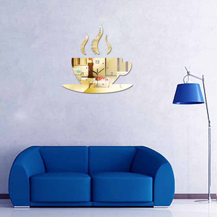 DIY Home Decor Wall Sticker Clock Mirror Effect Coffee Cup Shape Large Decorative Wall Clocks for Living Room