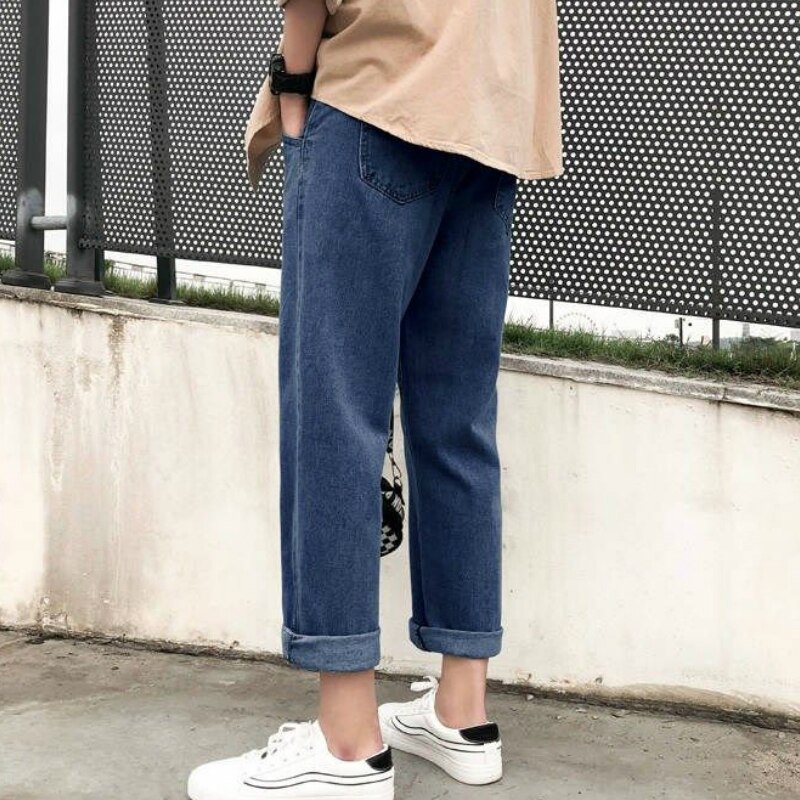 Męskie jeansy do kostek jednolity luźny Plus rozmiar 2XL myte wypoczynek eleganckie nastolatki BF luźne męskie proste spodnie jeansowe w stylu koreańskim
