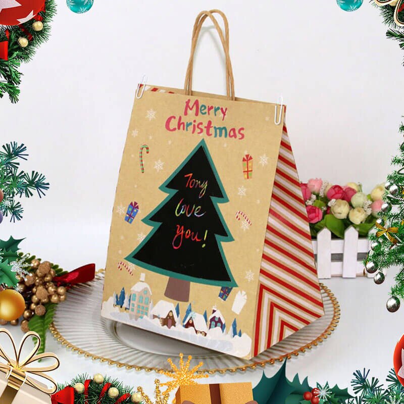 Sacchetti Regalo Di Natale Kraft - 40 Pezzi 23,3x13x8 Cm, Con 100 Adesivi, 4 Design Diversi, Riutilizzabili