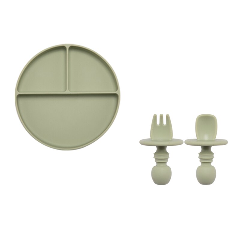 Solid Silicon Plate Set For Baby Kids Training Feeding Dinnerware Baby Learning Plate Set With Fork Spoon BPA Free: 3PCS Bean green