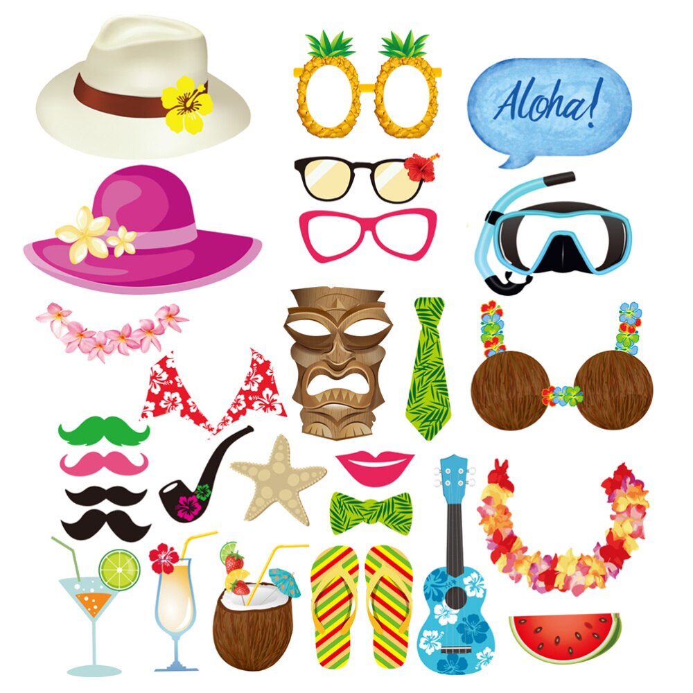 28pcs Hawaii Photo Booth Props Kit Beach Vacation Seaside Photobooth Dress-Up Accessories