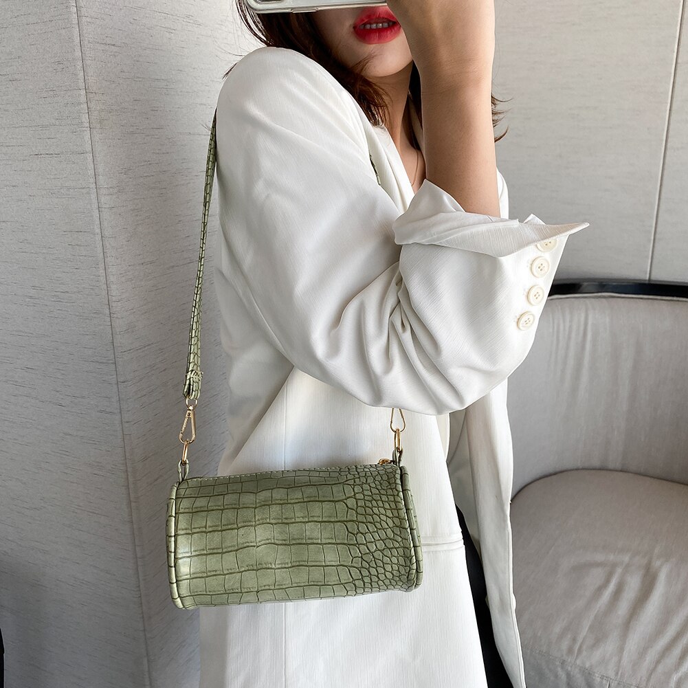 Bolso cruzado con forma de cilindro a la para mujer, Mini bolsa de hombro con cadena, de piel de cocodrilo, informal,