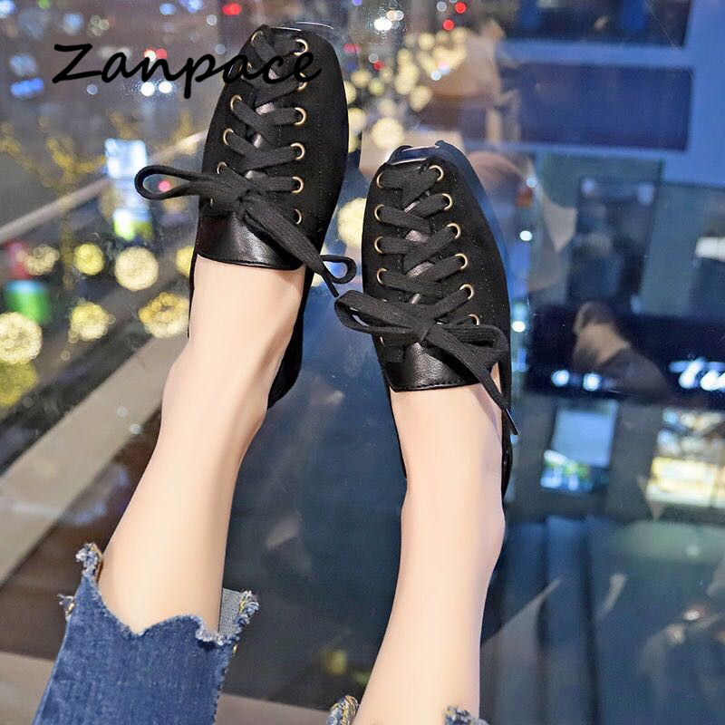 Personality Women Shoes S Spring Lace-Up Casual Loafers Soft Square Toe Flats for Women Shoes Black Loafers Women