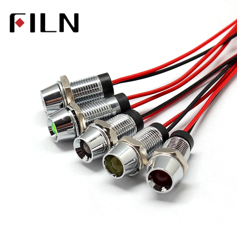 8mm 3 v 6 v 12 v 24 v métal LED panneau pilote tableau de bord indicateur de Signal voyant 20 cm câble Chrome fini voiture bateau Marine