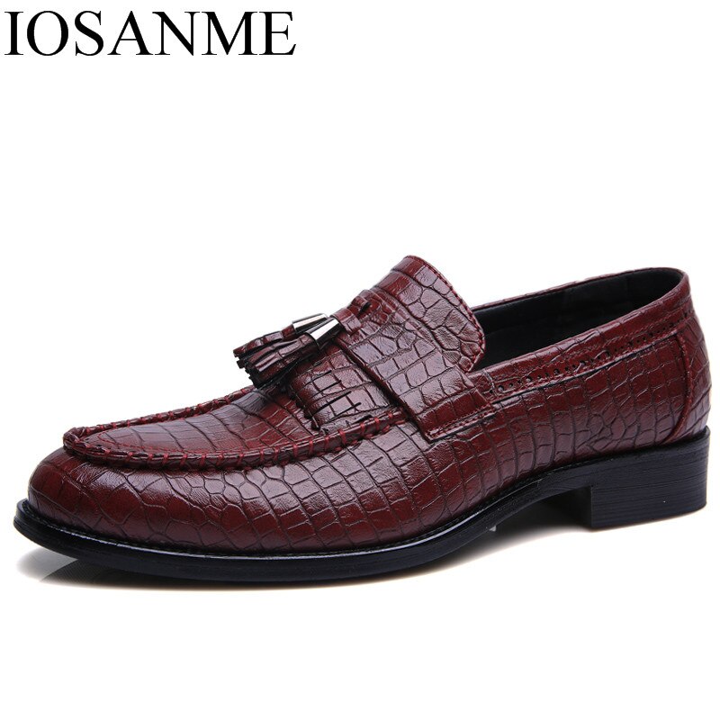 Kwastjes slangenhuid leren herenschoenen italiaans luxe merk kleding herenschoenen feest brogue oxford schoenen voor heren: Wijnrood / 8.5