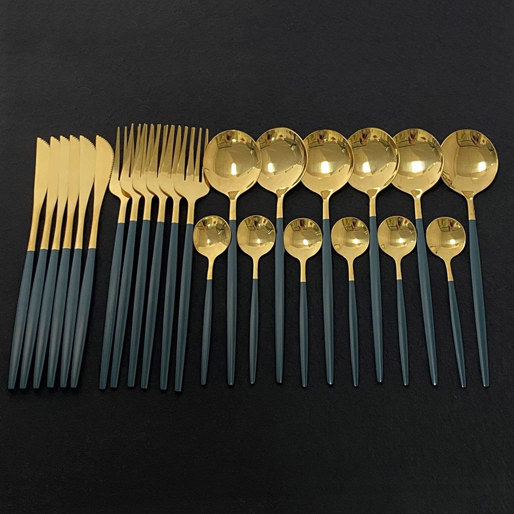 Explosion24Pcs Bunte Geschirr Set Edelstahl Besteck Set Küche Spiegel Gold Geschirr Set Messer Gabel Löffel Geschirr: Green Gold