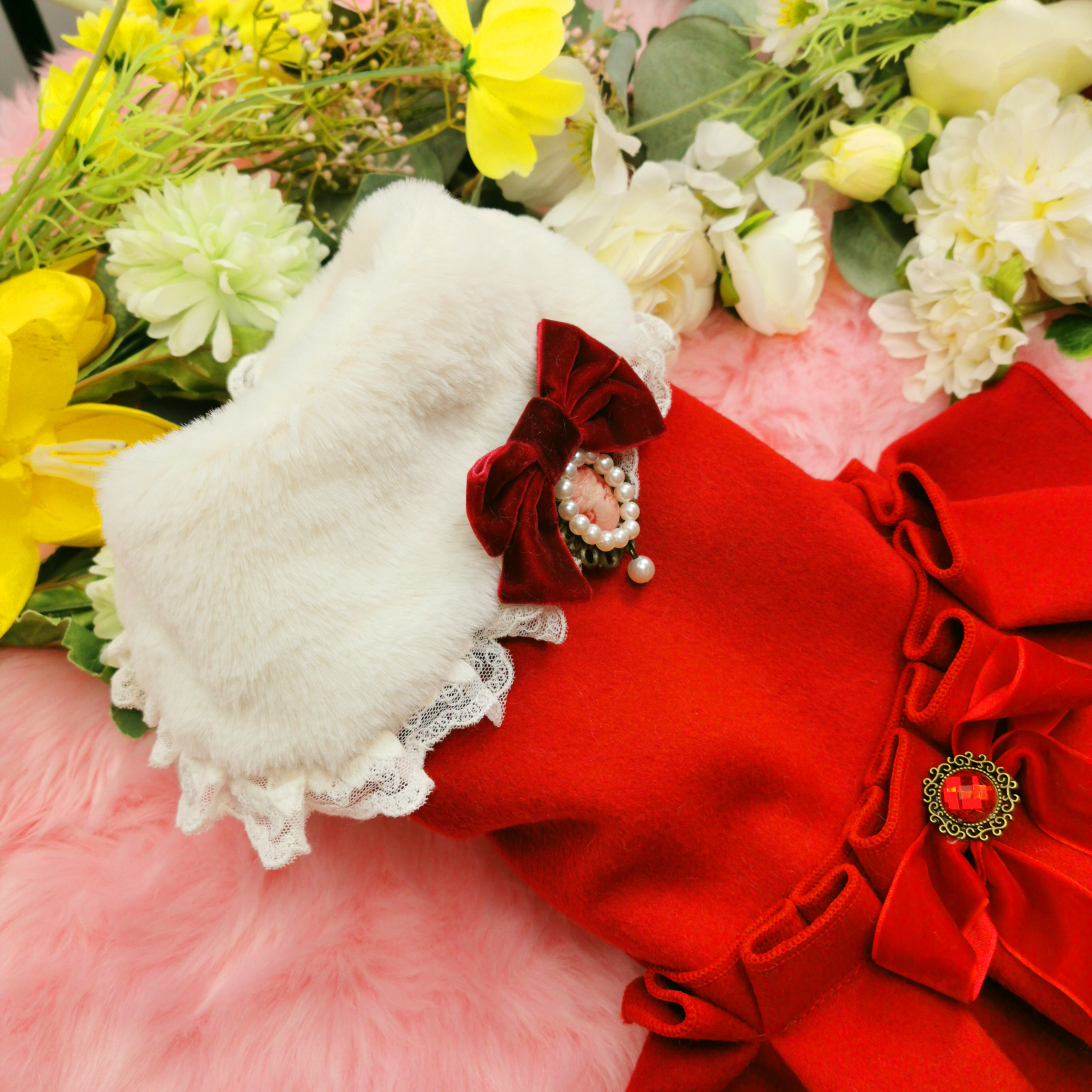 Autumn Winter Year Red Pet Dog Clothes Plus Velvet Warm Woolen Cloth Bow Dress For Small Medium Dog Outfits Dog Jackets