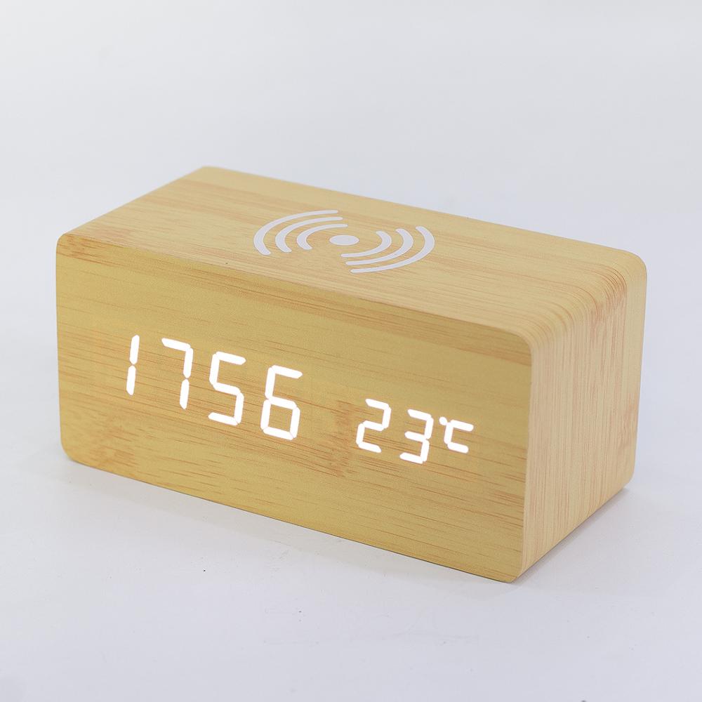 Wooden LED Electric Digital Alarm Clock Multifunctional Thermometer Clock Mobile phone Wireless Charging Clock: 5