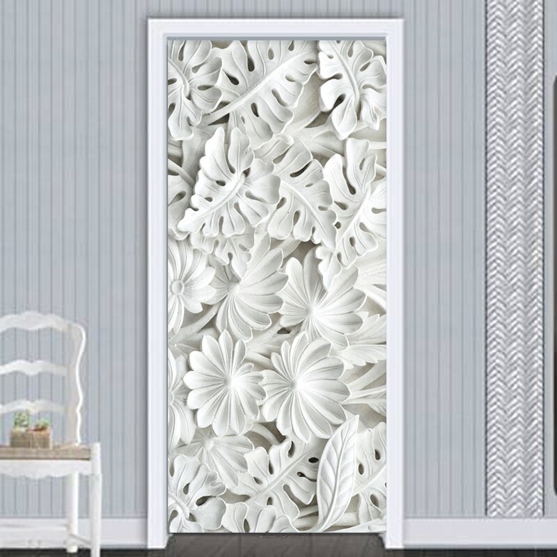 Pegatina autoadhesiva de puerta 3D, patrón de hojas blancas estéreo, sala de estar de yeso para papel tapiz, dormitorio, decoración del hogar, pegatinas impermeables de PVC