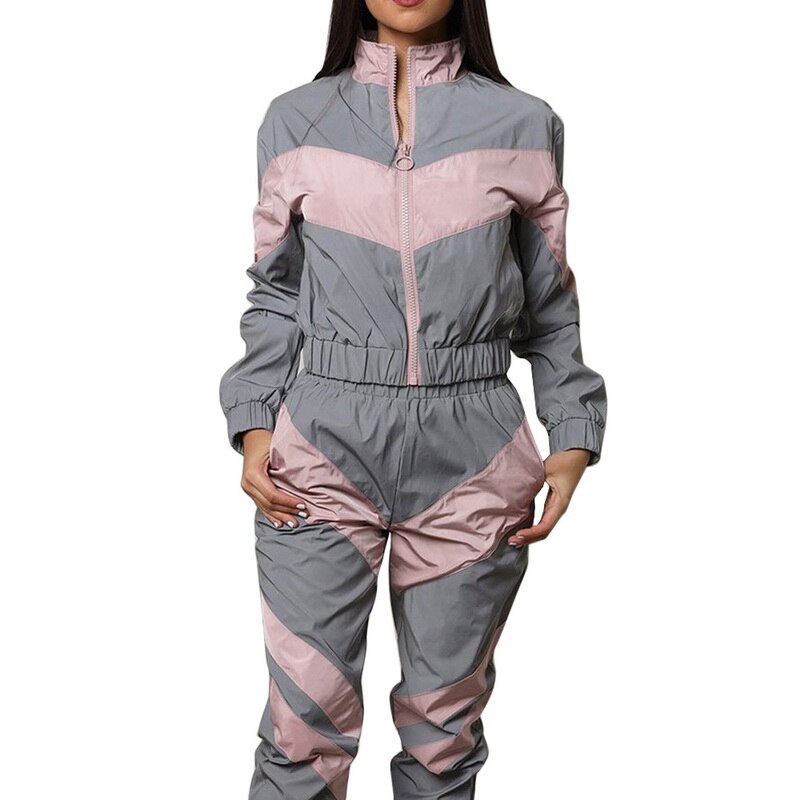 Women Reflective Tracksuit 2 Piece Outfits Sports Sets Spring Running Pants Splicing Long Sleeve Zipper Up Trench Top Suits: Pink / M