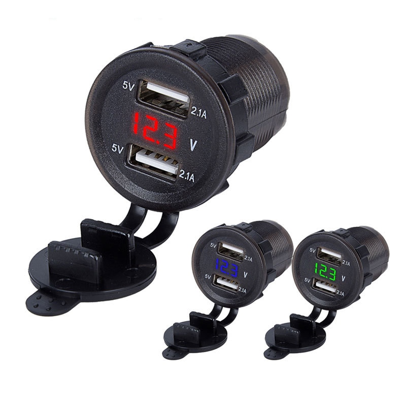 Dual USB charger socket adapter LED display with dust cover power socket car motorcycle (output 5V2.1A / input 12V24V)