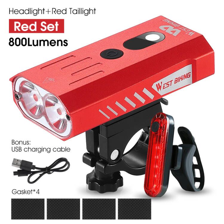 WEST BIKING – feu arrière de vélo IPX-5 étanche 800 Lumen, lampe torche USB LED, accessoires de cyclisme, vtt: Red Set