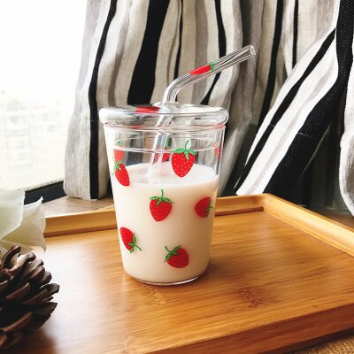 Jordbær glas vand kopper med glas halm 320ml glas med halm mælk juice kop til børn kæreste: Jordbær