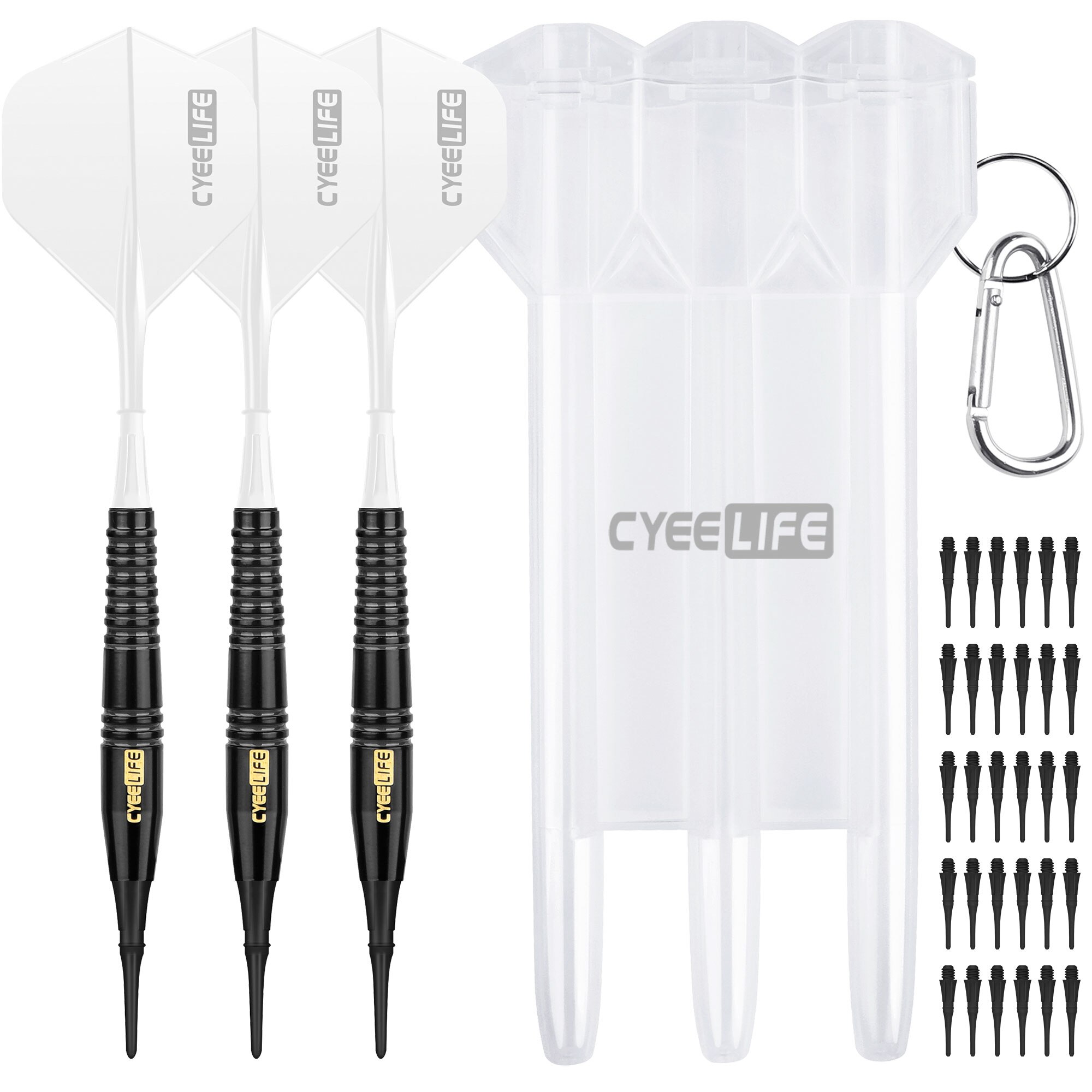 CyeeLife-dardos suaves de 18g, juego de dardos electrónico con punta de plástico, estuche de transporte, puntos adicionales y vuelos: Blanco