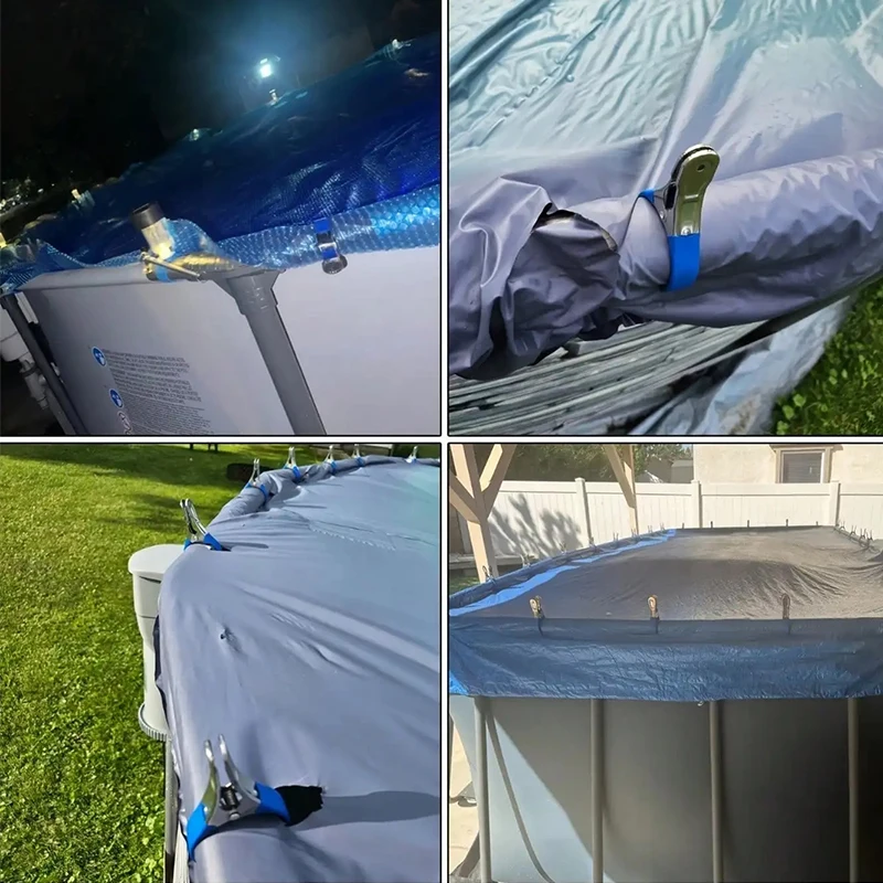 Clips de couverture de piscine durables en acier inoxydable, 6 pièces, avec poignées en plastique bleu, Clips à ressort coupe-vent robustes pour sécuriser au-dessus