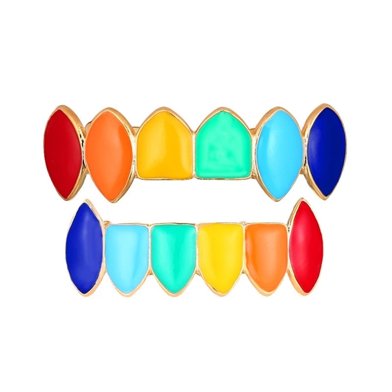 6ix9ine Rainbow Hip Hop Colorful 69 Oil Gold Dent Teeth Grillz Top and Bottom Set With Free Silicone Box Caps Packing