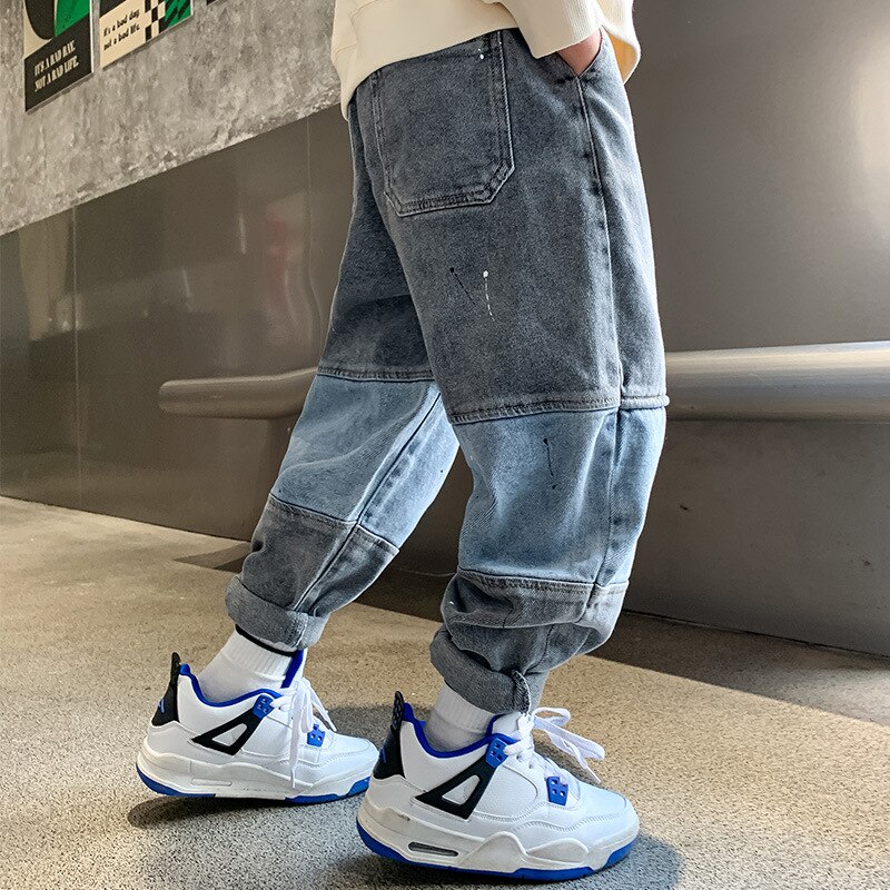Spring Boys Patchwork Jeans Kids Casual Sport Denim Pants Children Handsome English Alphabet Print Trousers Teen Clothes