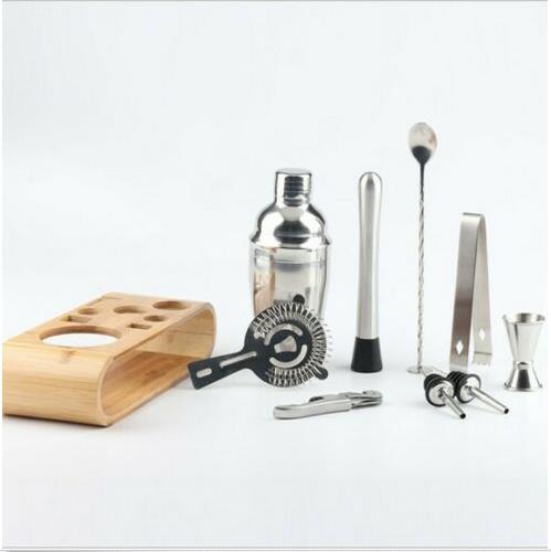 10PCS Cocktail Making Set Cocktail Shaker Set 750ml Stainless Steel Bar Tool Wine Bartender Kit With Wooden Display Stand