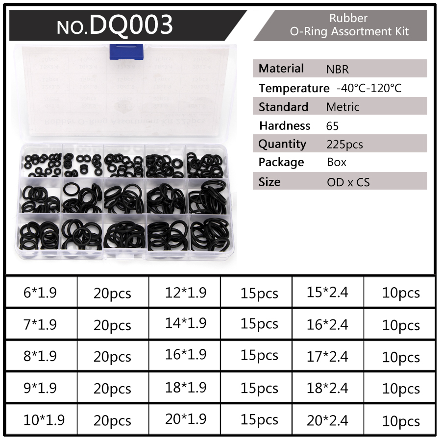 PCP DIY NBR Sealing O-rings Durable Gasket Replacements OD 6mm-20mm CS 1.5mm 1.9mm 2.4mm 15 Sizes Rubber Washer 225pcs/SET DQ003: DQ003 x1