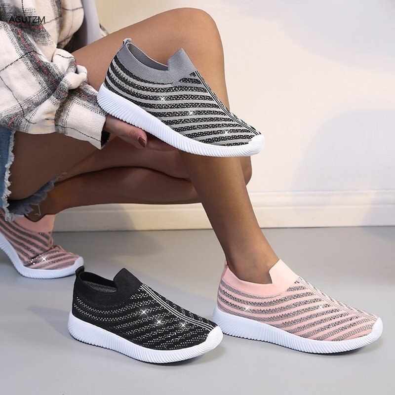 AGUTZM Women's Ladies Ankle Shoes Flat Loafers Crystal Bling Sneakers Casual Ladies Slip On Breathable Casual Shoes h41