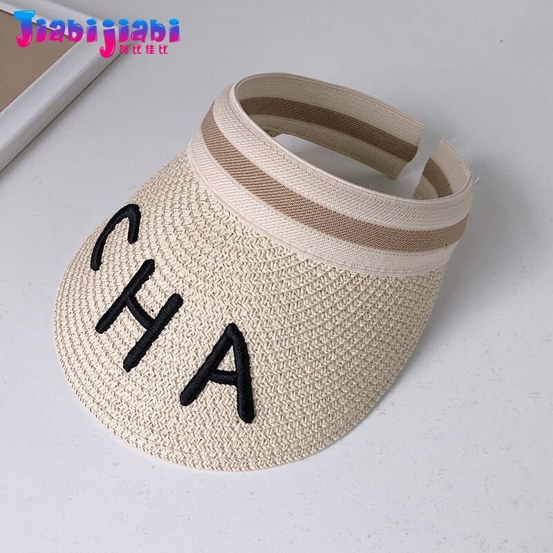 Børn sommer stråhatte til børn kvinder uv solskygge baseball cap kvindelige piger top lufthætte bogstav visir strandhat 1-30 gammel: Khaki / 53-56cm (7- voksne)