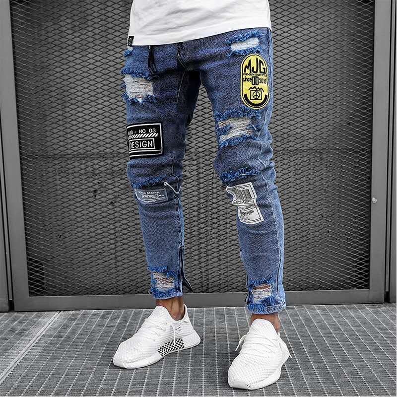 Heren gescheurde skinny distressed destroyed slim stretch biker jeans heren broek met gaten lange broek