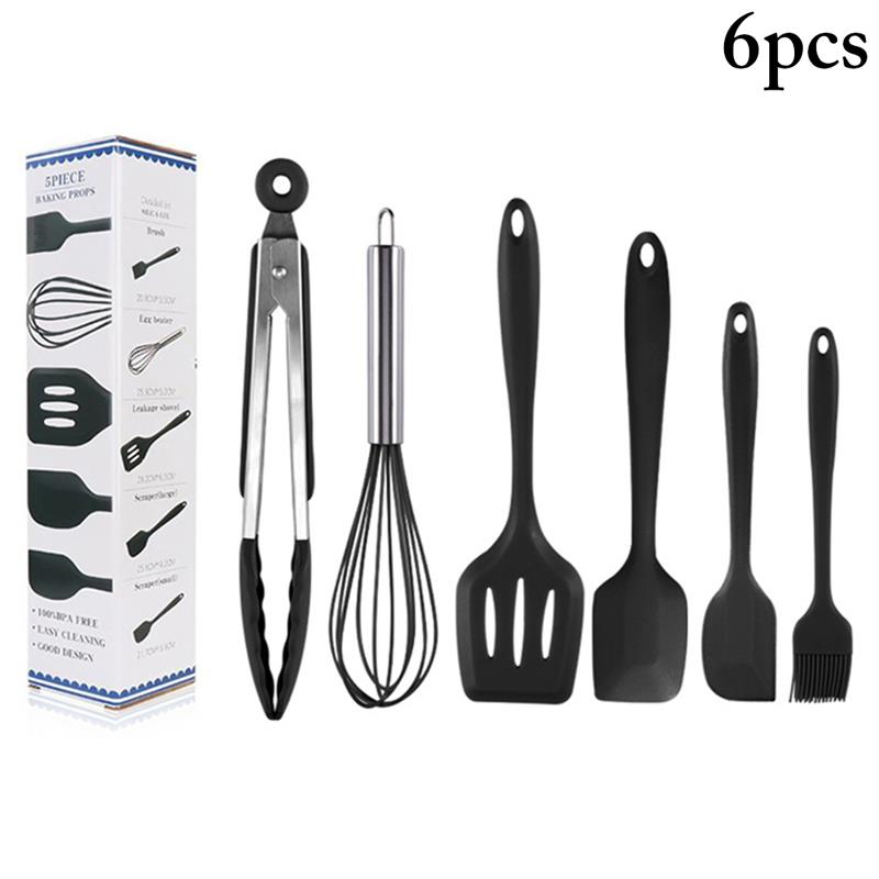 6 unids/set juego de utensilios de cocina resistente al calor de silicona de grado de alimentos utensilio de cocina utensilio para hornear accesorios de utensilios para cocina: Black