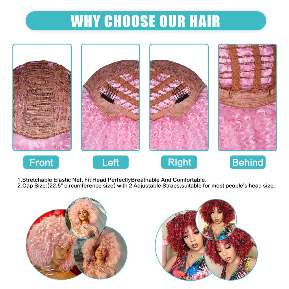 Short Hair Afro Kinky Curly Wigs With Bangs For Black Women Cosplay Lolita Synthetic Natural Blonde White Pink Blue Green Wig