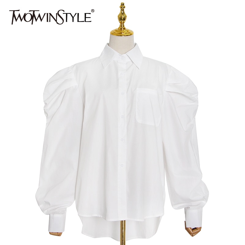 TWOTWINSTYLE-Camiseta holgada blanca para mujer, blusa holgada minimalista de manga ancha con solapa, blusa informal de buena para mujer, Ropa nueva de de otoño