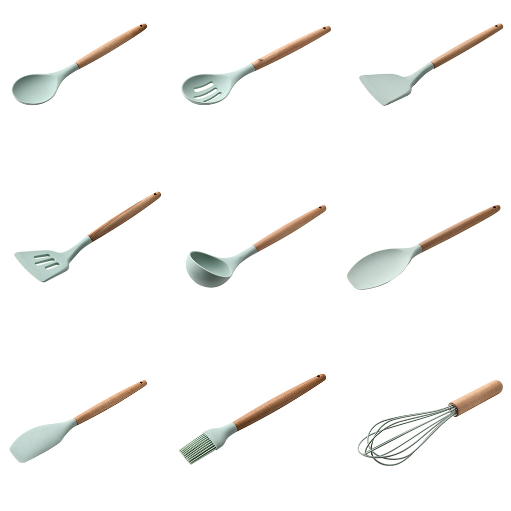Silicone Cooking Utensils Wooden Handle Non-Stick Spatula Spoon Turner Soup Ladle Whisk Kitchen Cooking Tools Gadget