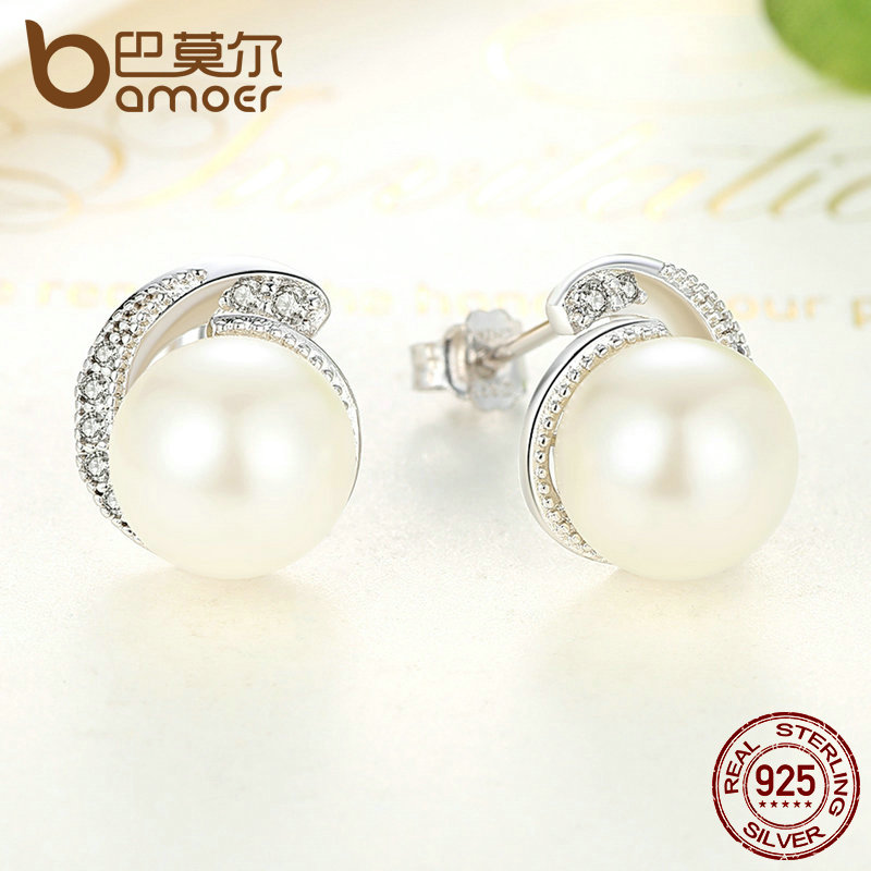 BAMOER Pearl Earrings Jewelry 925 Sterling Silver White Pearl Push-back Stud Earrings For Women Jewelry SCE021