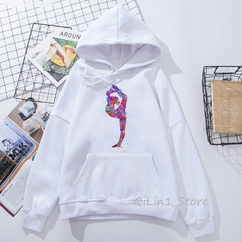 Aquarell gymnastik mädchen harajuku kawaii hoodie Hütte Sweatshirt 90s tumblr kleidung frauen Sport turnerin drucken hoodies: L / Grau