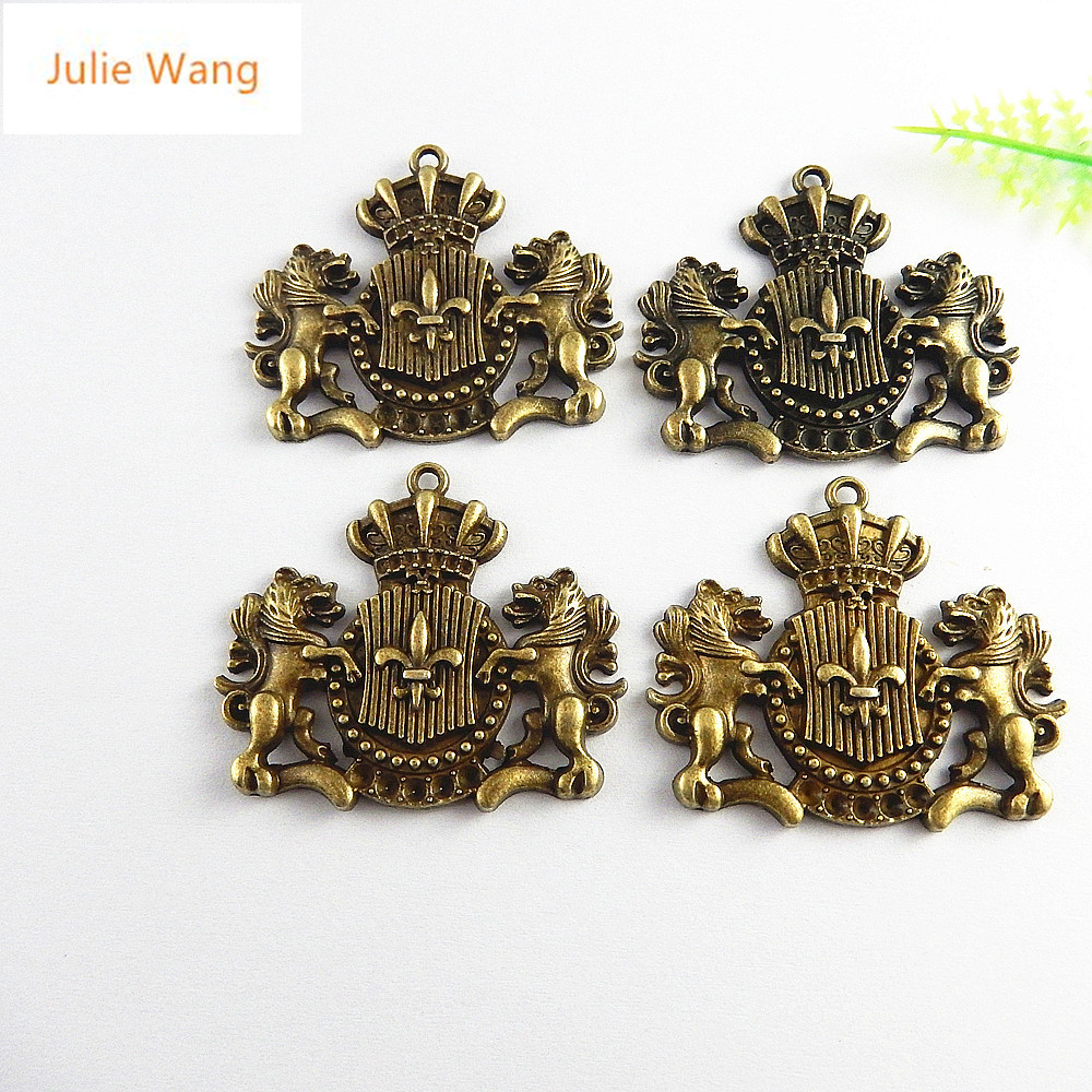 Julie Wang 5PCS Antique Bronze Lion Guardian Badge Charms Pendants Jewelry Making Necklace Key Chains Accessory